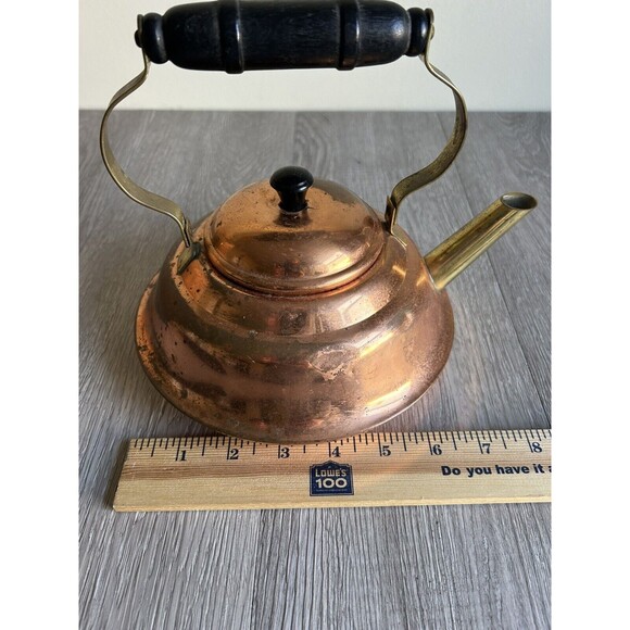 Vintage Copper Tea Pot Kettle 6" diameter Wood And Brass Handle - Picture 9 of 9
